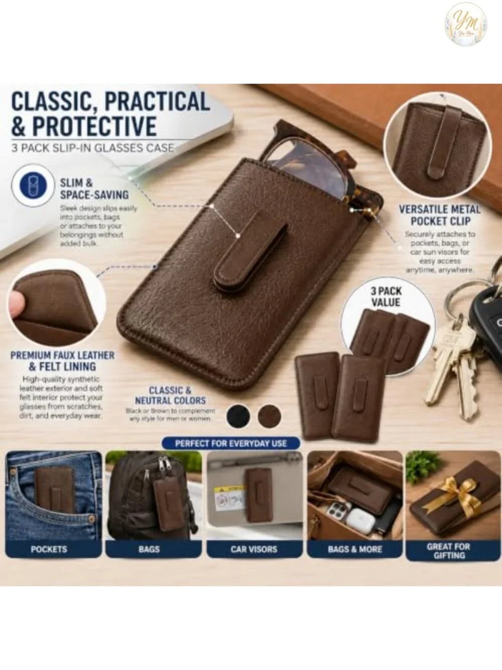 Slim Faux Leather Eyeglass Case with Metal Pocket Clip, Felt Lining, 4 Pack